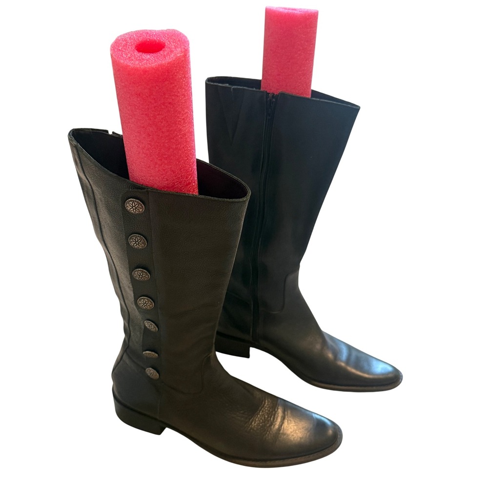Nicole Tall Leather Riding Boots Womens 9 Black Good Button Detail Block Heel